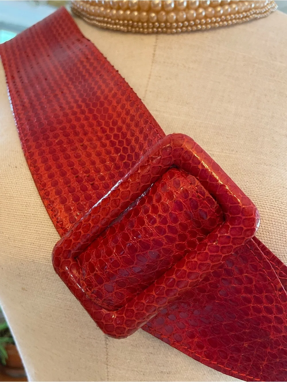 Vintage Red Textured Wide Waist Belt with Covered Buckle